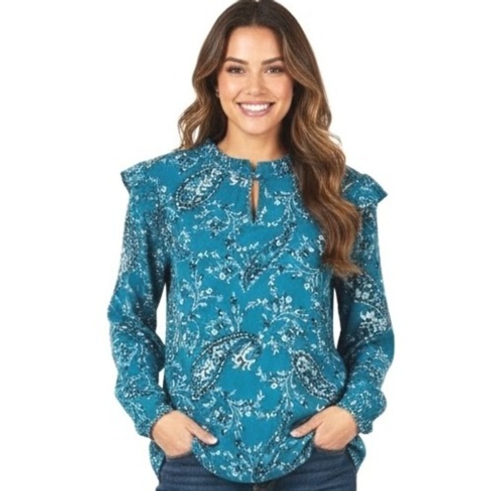 St Johns Bay‎ Blouse Top Size Large Teal Paisley Print Ruffle Trim Boho Chic